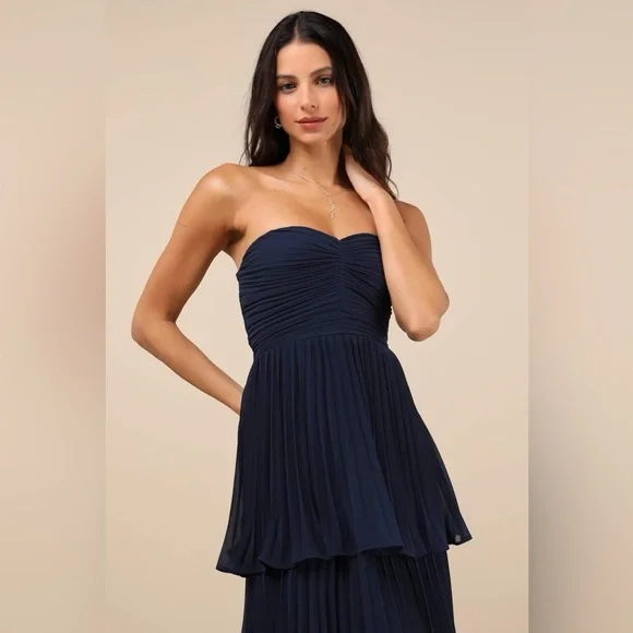 Lulus Seriously Sensational Navy Blue Strapless Tiered Maxi Dress - Picture 2 of 5